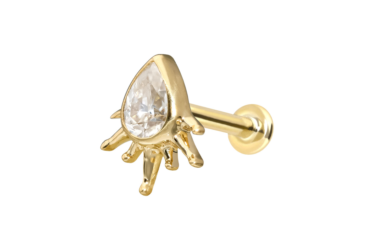 14 Karat Gold Labret Piercing mit Innengewinde MOISSANIT-TROPFEN + SONNENSTRAHLEN